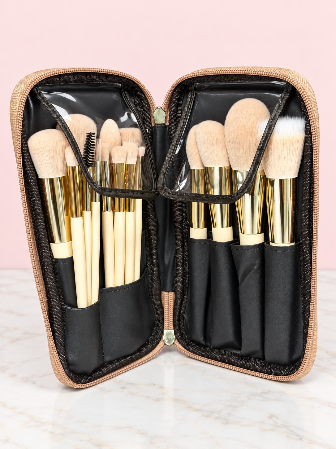 Kit de Brochas Profesionales x 15 + Cosmetiquera en Cuerina REF OH-26-093