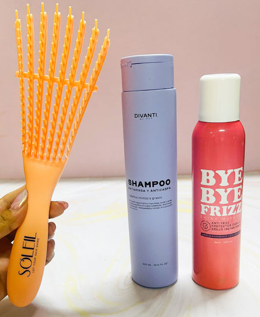 COMBO shampoo antigrasa y anticaspa + Bye Bye Frizz + cepillo PYT
