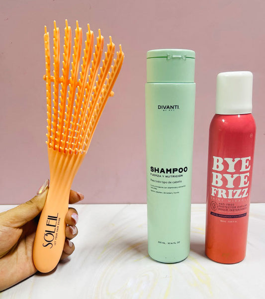 COMBO shampoo fuerza y nutrición + Bye Bye Frizz + cepillo PYT