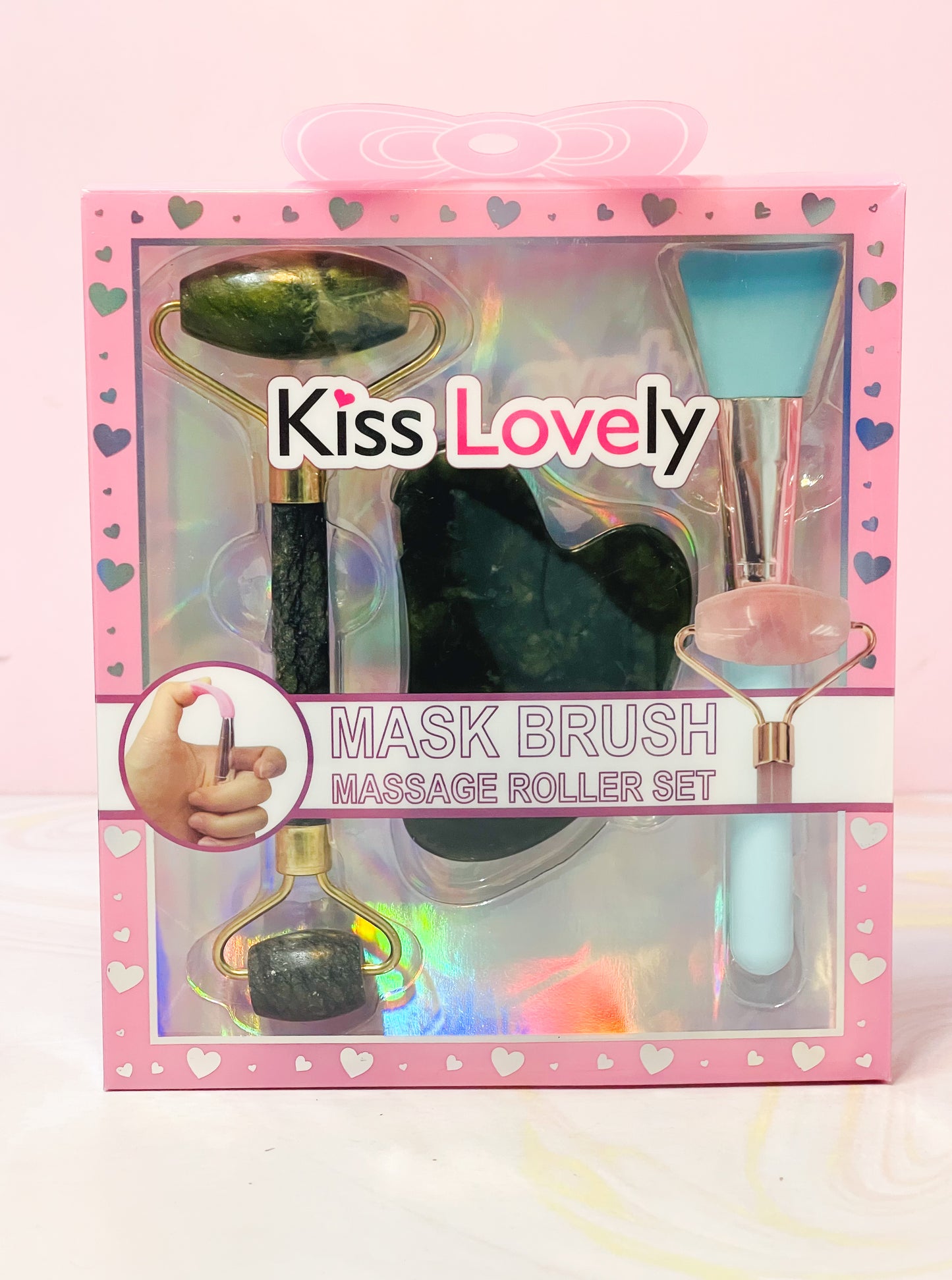 Kit masajeador con rodillo de jade, Guasha y brocha de silicona OH25-19 Kiss Lovely