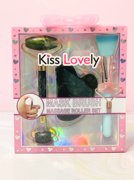 Kit masajeador con rodillo de jade, Guasha y brocha de silicona OH25-19 Kiss Lovely