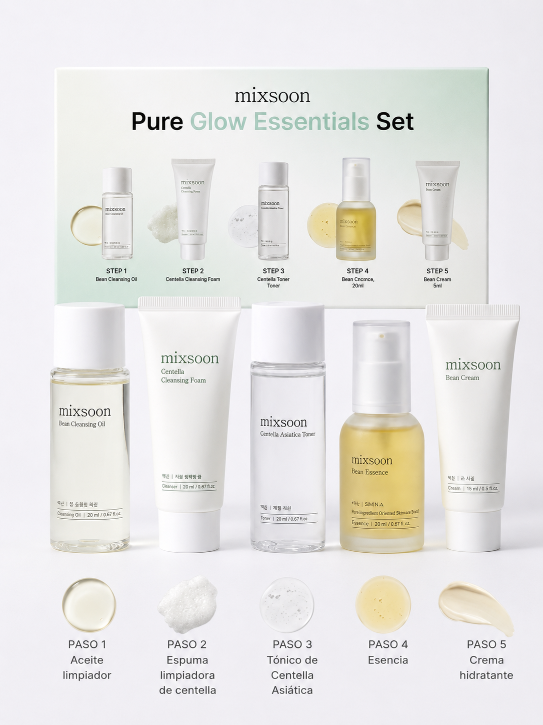 Pure Glow Essentials Set (Bean Cleansing Oil, Centella Cleansing Foam, Centella Toner, Bean Essence, Bean Cream) Mixsoon