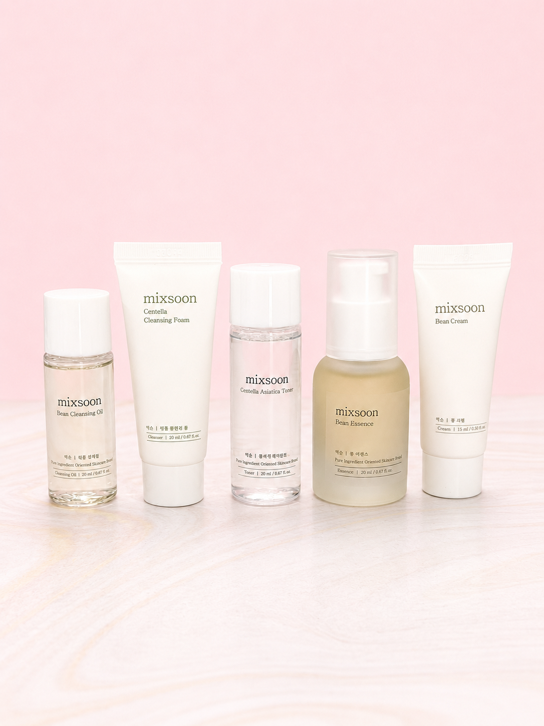 Pure Glow Essentials Set (Bean Cleansing Oil, Centella Cleansing Foam, Centella Toner, Bean Essence, Bean Cream) Mixsoon