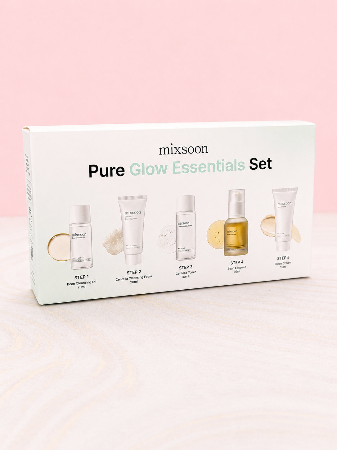 Pure Glow Essentials Set (Bean Cleansing Oil, Centella Cleansing Foam, Centella Toner, Bean Essence, Bean Cream) Mixsoon